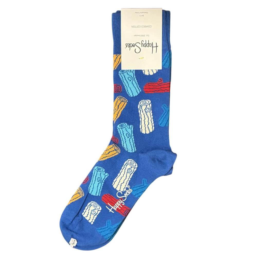 Happy Socks Logs Crew Socks Blue Multi Wood Log Print Size 9-11 NEW With Tag